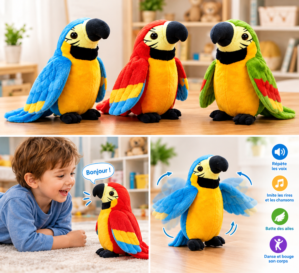 Perroquet en Peluche Interactif – Répète les Voix, Parle et Bat des Ailes